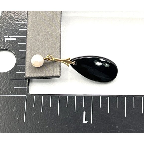 Vintage 14k Yellow Gold Pearl Onyx Dangle Pierced Earrings 1 3/8" - Picture 8 of 8